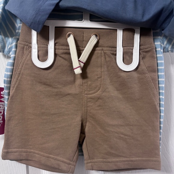 Wrangler Blue T-Shirt w/Car Design, Blue & White Striped T-Shirt, & Brown Shorts - Picture 2 of 3